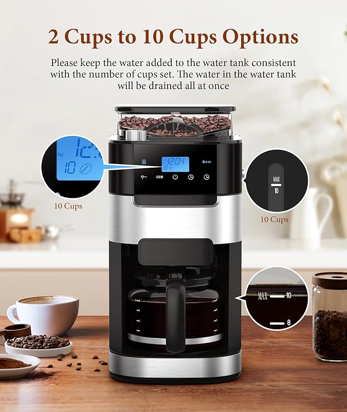Joy Pebble 10-Cup Drip Coffee Maker with Built-in Grinder Touch-Screen Programmable Brew Coffee Machine with Timer 8 Grinding Settings Reusable Filter Keep Warm Plate 50.7oz Water Tank