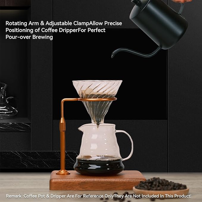 Pour Over Coffee Maker with Adjustable Stand &amp Wooden Base Dripper Stand for Manual Coffee Brewing Coffee Filter Holder Tea Strainer Stand for Home Café Restaurant Camping Golden