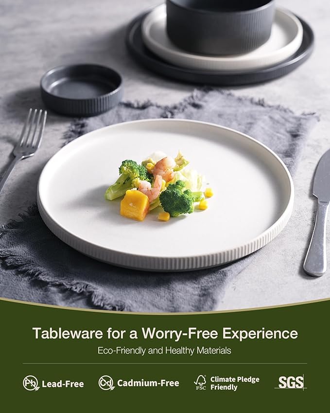 Famiware Star Dinnerware Set Plates and Bowls Sets for 8 (24pcs) Ribbed Stoneware Dishes - Chip &amp Scratch Resistant Microwave &amp Dishwasher Safe Multicolor - Matte White &amp Matte Dark Ch