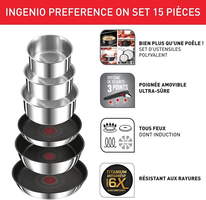 Tefal Ingenio Preference ON 15 piece Non-Stick Pan Set 22&amp26cm Frying Pans 16&amp18&amp20cm Saucepans 24cm Sautepan Stainless Steel Universal Lid 16&amp18&amp20cm Hermetic LidsUtensils