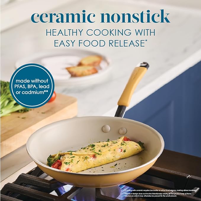 Rachael Ray Cucina Ceramic Cookware Set - 13 Pieces - Ceramic Pots and Pans Set w/Nonstick Frying Pans Saute Pan Saucepans Stockpot Lids Pan Protectors &amp Cooking Utensils - Turmeric
