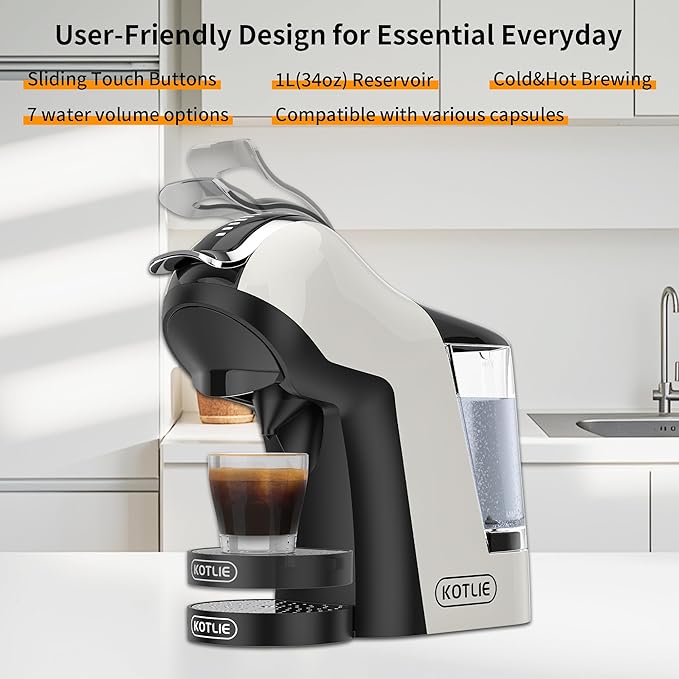 KOTLIE Single Cup Coffee Maker Multi Capsule Machine Compatible With Various Capsule Types 4 Temperature Settings 7 Water Volume Levels19 Bar(Glossy White)