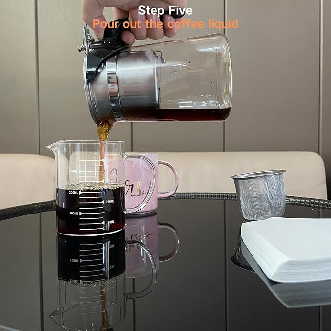 Pour Over Coffee Maker Set 304 Stainless Steel Coffee Dripper with On/Off Switch Borosilicate Glass Small Coffee Pot 50 Filter Papers Multi-Functional Immersion Drip Cafe Brewer Machine (1 250ml)