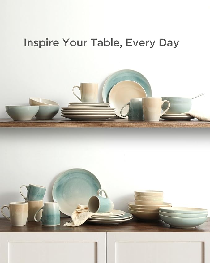 Famiware Glacier Plates and Bowls Sets + 3 Pcs Ocean Rectangular Serving Platter 15-Piece Dinnerware Sets for 4