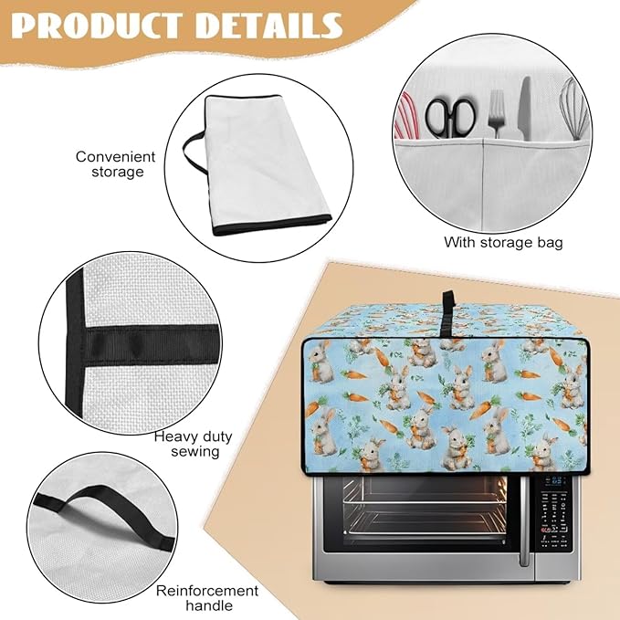 Air Fryer Toaster Smart Oven Dust Cover Bunny Carrot Printed Toaster Oven Cover with Side Pockets for Kitchen Counter Easter Decorative S