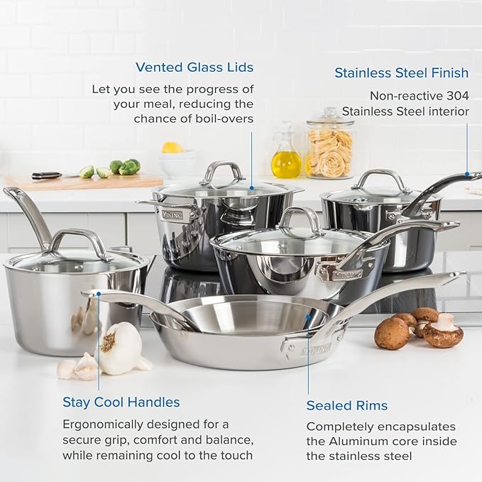 Viking Culinary Contemporary 3-Ply Stainless Steel Cookware Set 10 Piece Dishwasher Oven Safe &amp Culinary 304 Stainless Steel Kitchen Utensil Set Ergonomic Stay-Cool Handles