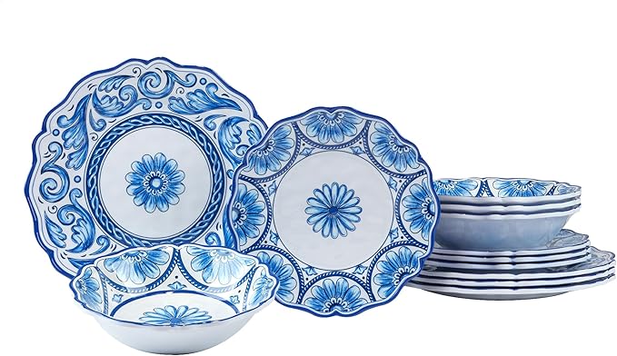 Veranda Melamine 12-Piece Dinnerware Set Service for 4 – Includes Dinner Plates Salad Plates and Bowls – Elegant Blue and White for Everyday Use Indoor/Outdoor Dining and Entertaining