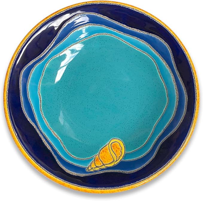 Artesa Vega Caribe Coastal Dinnerware Set Turquoise and Navy Blue with Gold Trim Handmade &amp Hand-Painted Ceramic 6-Piece Place Setting Seashell Design Microwave Safe