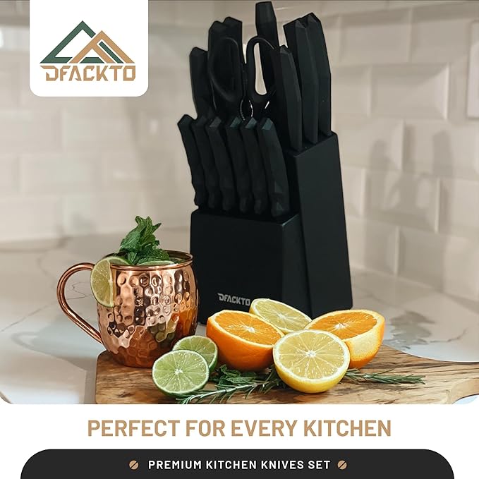 DFACKTO 15 Piece Matte Black Chef Knife Set with Sharpener and Block Modern Non-Slip Ergo Composite Handle Sharp Full-Tang High-Carbon Stainless Steel Blades Knives for kitchen