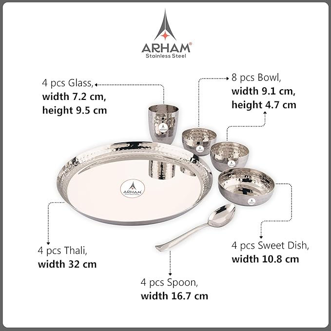 Hammered Dinner Set | Premium Saffron Thali Set | High Grade Steel Buffet Set Combo (24Pcs (4 Set Big))