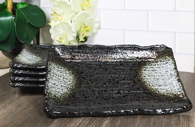 Ebros Gift Artistic Charcoal Grey Tone Hakumu Porcelain Collection Dinnerware Serveware Kitchenware Set Asian Japanese Restaurant Supply (Pack Of 5 Rectangular Wavy Sushi Plates)