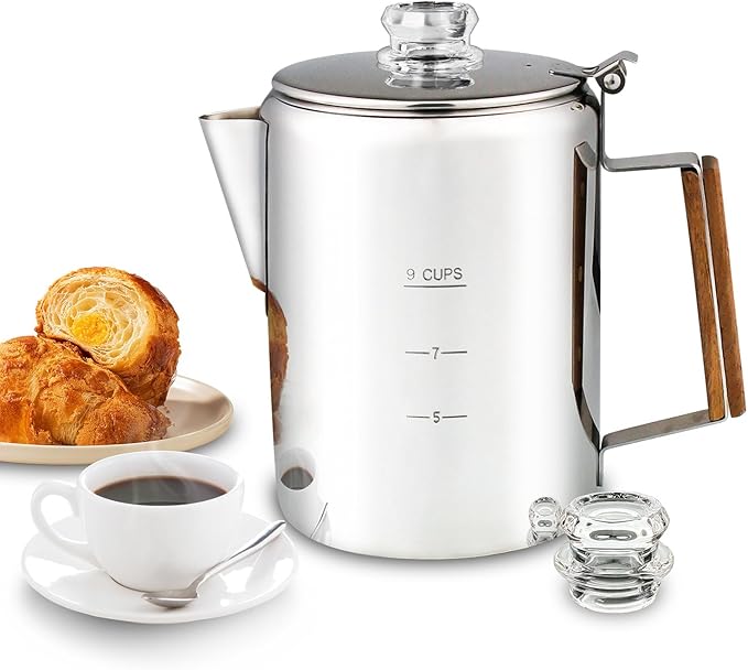 Coffee Percolator Camping Coffee Pot Stainless Steel with Glass Knob Using on any Stovetop - NO Aluminum NO Plastic (9 Cup)