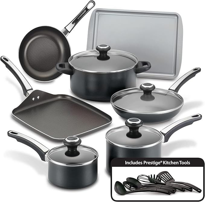 Farberware High Performance Nonstick Cookware Pots and Pans Set Dishwasher Safe 17 Piece Black