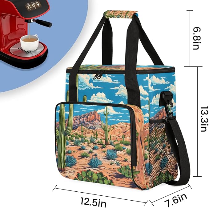 Cactus Tropical Coffee Maker Travel Bag for Keurig K-Mini/K-Mini Plus Insulated Waterproof Tote with Pockets for K-Cup Portable Single-Serve Brewer Case