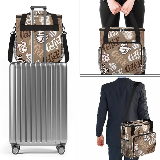 Coffee Time Coffee Maker Carring Bag Hand Drawn Coffee Travel Carrying Storage Tote Bag Compatible with Keurig K-Mini or K-Mini Plus Portable Single Serve Coffee Brewer Case with Pockets for K-cup Pod