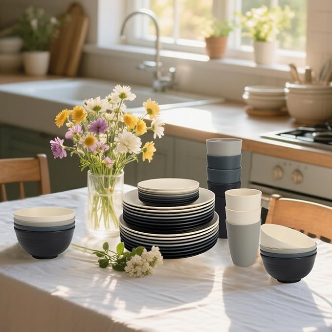 40 PCS Wheat Straw Dinnerware Set | Unbreakable Dishes Set for 8 - Alternative to Plastic Plates and Bowls Sets Cereal Bowl Water Cups Dishwasher &amp Microwave Safe Bowls for Kitchen - Dark