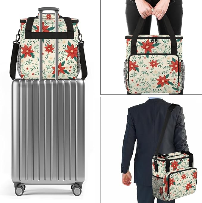 Christmas Flowers Coffee Maker Carrying Bag Dreamy Flowers Travel Storage Bag Compatible with K-Mini or K-Mini Plus Single Serve Coffee Brewer Carrying Case with Multiple Pockets &amp Shoulder Stra