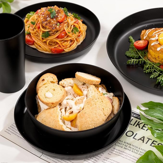 EI 24pcs Black Wheat Straw PlatesWheat Straw Dinnerware SetPlates and Bowls SetsReuasble PlateUnbreakable Dinner Plate Heavy Duty Plastic for Picnic Outdoor Activities Dormitory Kitchen