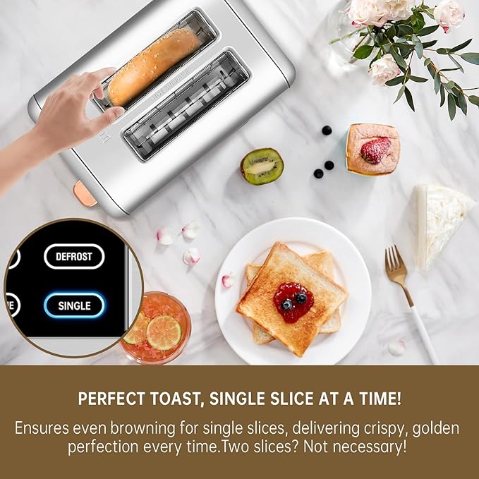 SEEDEEM Toaster 2 Slice Real Touch Screen with LCD Display Single-Slice Function Stainless Steel Toaster 50% Faster Heating 1.5 Wide Slots Removable Crumb Tray 1350W Silver Metallic
