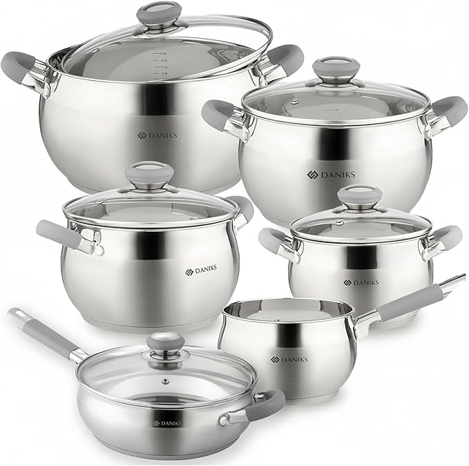 Daniks Modern 11-Piece Stainless Steel Cookware Set with Glass Lids Includes Saucepan and Frying Pan with Lid Tri-Ply Bases for Even Heating Induction Compatible Dishwasher Safe Heatproof Handles