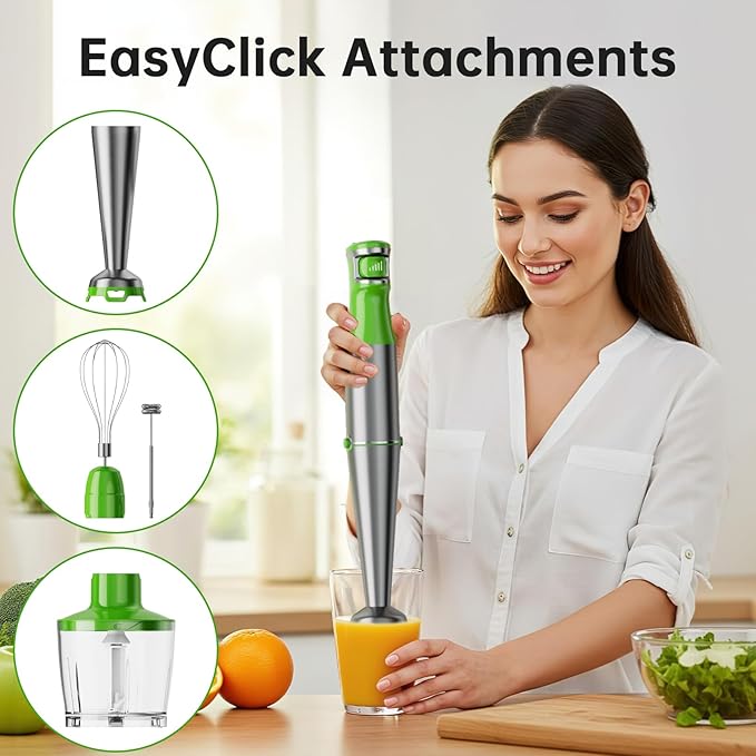 Immersion Blender Handheld Corded Hand Blenders Set 1100W Trigger Variable Speed 5 in 1 Stick Emulsifier with Chopper Whisk and Frother for Soup Baby Food and Smoothies Apple Green