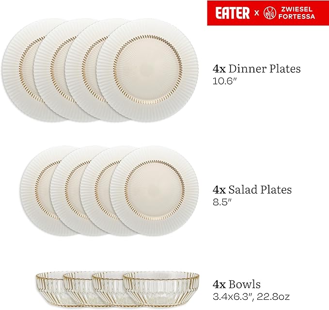 Eater x Zwiesel Fortessa Seraphina Glass 12 Piece Dinnerware Set (Service for 4) Ginger Gold