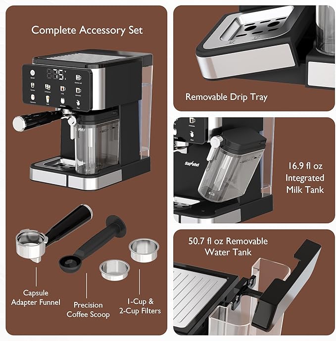 SUNVIVI Espresso Machine with Cold Brew All-in-one Iced Coffee Maker with Automatic Milk Frother LED Touchscreen 51OZ Water Tank Pressure Coffee Machine for Latte Cappucinno Self-clean Black
