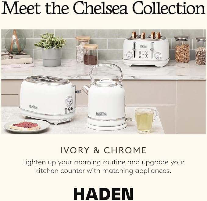Haden Chelsea 2-Slice Wide Slot Stainless Steel Toaster with Adjustable Browning Control &amp Non-Slip Feet Ivory &amp Chrome