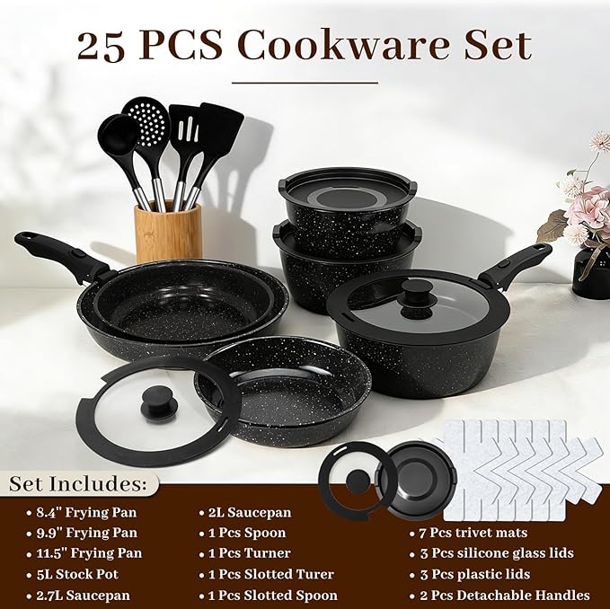 Pots and Pans Set - 25-Piece Non Stick Cookware Set Pots and Pans with Detachable Handles Includes Pans Pots Utensils Trivets for Hot Dishes Lids Space-Saving Cookware