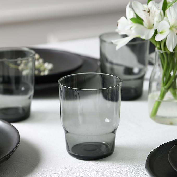 Stone Lain Rio Stoneware 16 Piece Dinnerware Set Plates and Bowls Sets Black Dish Set for 4 with Fluted Colored Glass Cups Microwave &amp Dishwasher Safe
