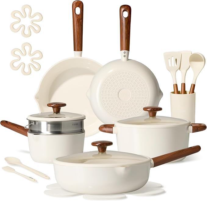 CAROTE 21pcs Cookware Set Nonstick Pots and Pans Set Ceramic Cookware Set Induction Cookware Non toxic Healthy Non Stick Kitchen Cooking Set PFAS PTFE Free White