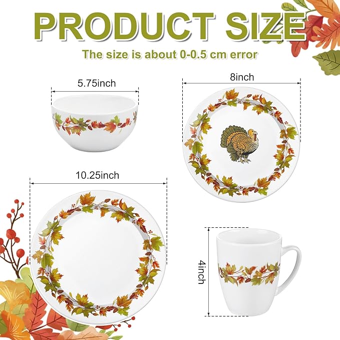 16 Pcs Thanksgiving Dinnerware Sets for 4 Rustic Autumn Tableware Fall Thanksgiving Salad Plate Harvest Soup Cereal Bowl Mug Dinnerware Sets with Berry Fall Maple Leaves Turkey Service