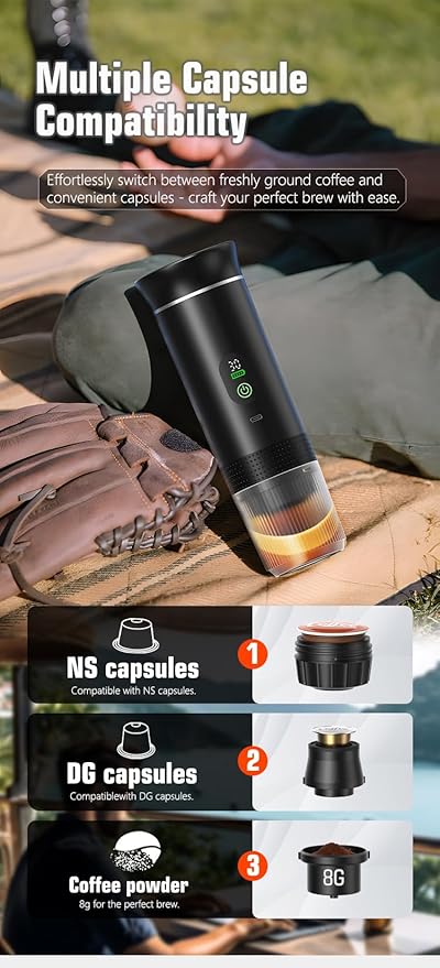 Portable Electric Coffee Maker Digital Display Compatible with Coffee PodsRechargeable Coffee Machine for Travel Camping RVHomeOffice (green)