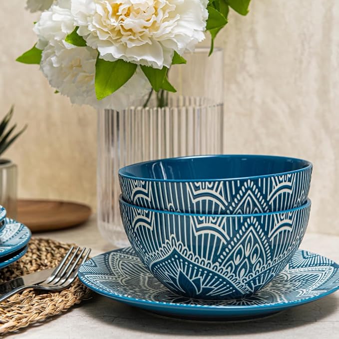 Bzyoo 12-Piece Ceramic Dinnerware Set: La La Mandala Blue Dish Set Design for Every Occasion - Microwave &amp Dishwasher Safe Stackable Plates Bowls