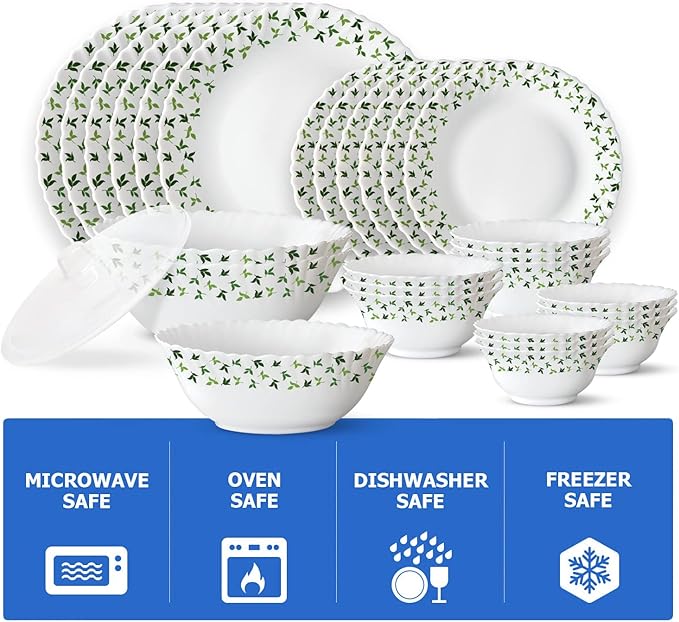 Borosil Gourmet Dinnerware Set For 6 35 Pieces White Dinner Plates and Bowls Sets Chip Resistant Tempered Opal Glass Stain Resistant Dishwasher &amp Microwave Safe Dinner Set For Gifting Serves