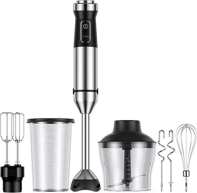 6-in-1 Immersion Blender 1000W Hand Blender with 20 Speeds Scratch-Resistant Stick Mixer with Whisk Chopper Beaker Egg Beaters &amp Dough Hooks – Heavy Duty Hand Mixer Black