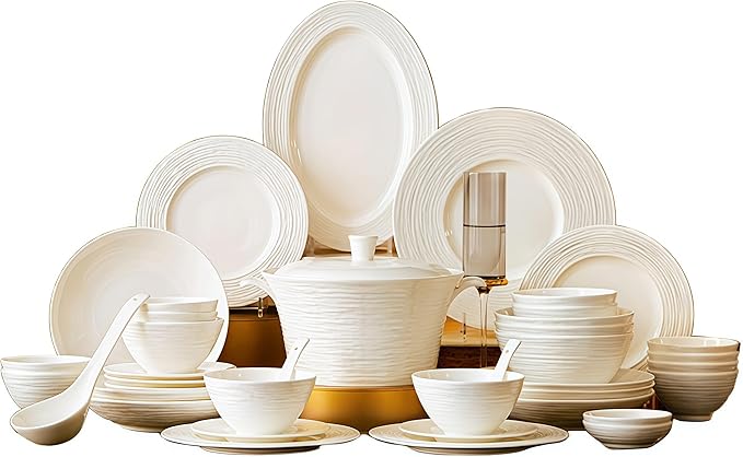 Fine Bone China Dinnerware Set Porcelain &amp Ceramic Dinnerware Sets Bone Stoneware &amp Ceramic Cookware Tableware Set Includes Dinner Plates|Spoons|Pasta Bowls|Soup Pot|Chopsticks (108 Pcs)