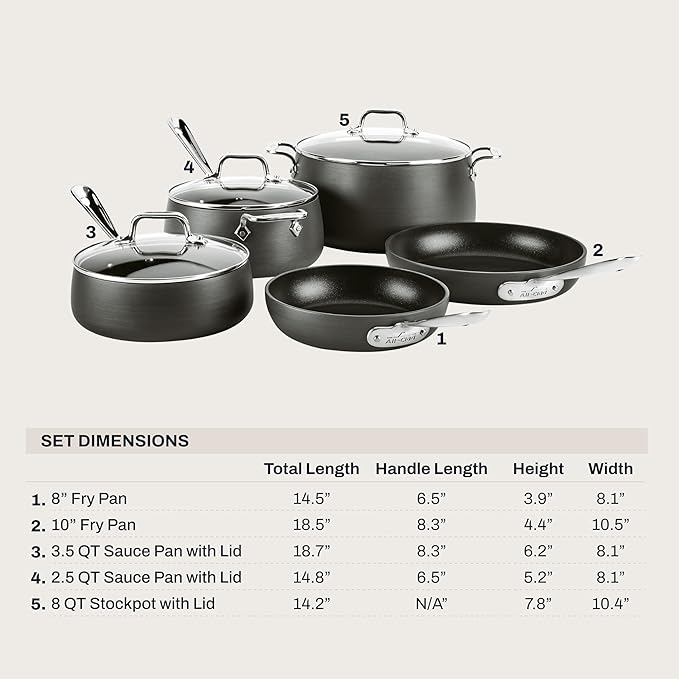 All-Clad HA1 Hard Anodized Nonstick Pots and Pans Set Non Stick Cookware Sets Oven Broiler Safe 500F Black