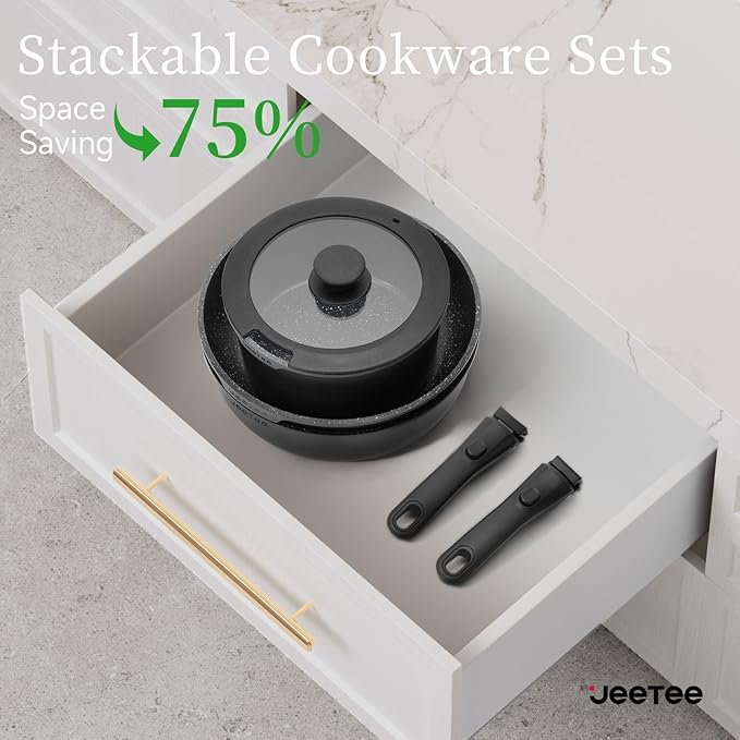 JEETEE Pots and Pans Set Non Stick 17pcs Kitchen Cookware Sets with Detachable Handle Induction Nonstick Cookware Set with Removable Handle Stackable RV Cookware Oven Safe PFAS/PFOA Free Black