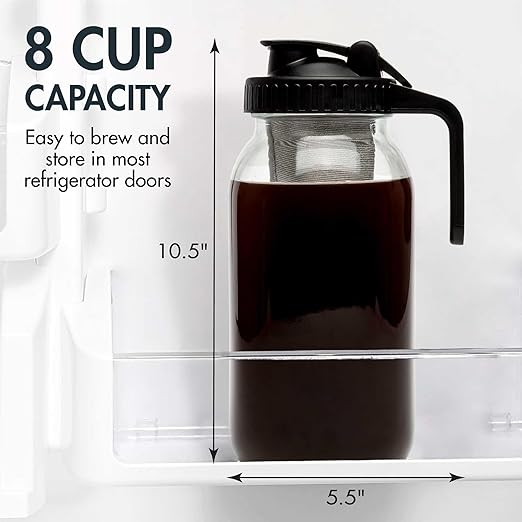Primula Mason Jar Cold Brew Iced Coffee Maker with Stainless Steel Filter and Easy Pour Lid Durable Glass Pitcher Fits in Most Fridge Doors Dishwasher Safe Made without BPA 2-Quart Black