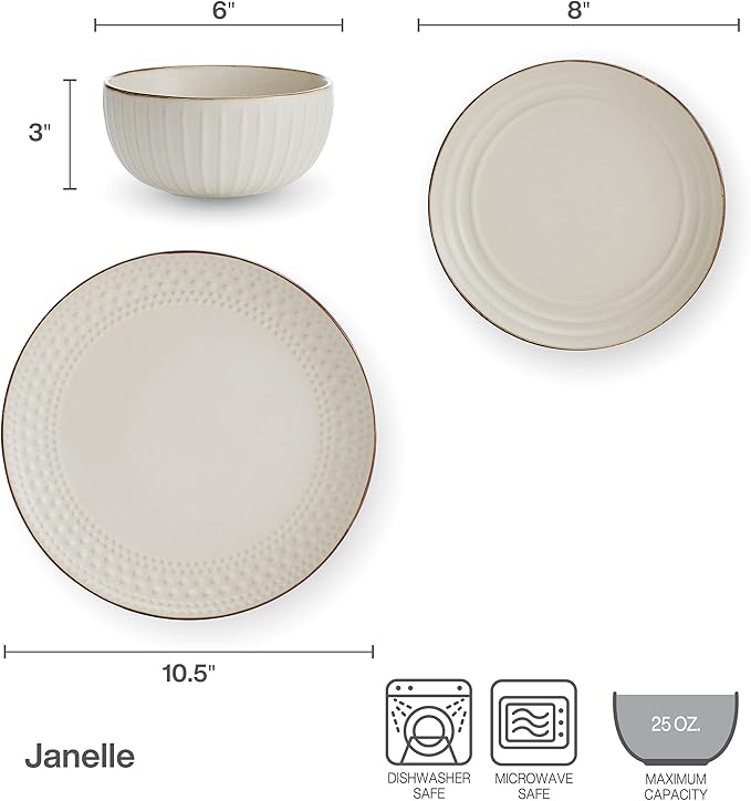 Pfaltzgraff Janelle 12 Piece Dinnerware Set Service for 4 Cream