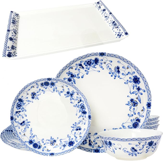 Fine Bone China Dinnerware Set for 4 12-Piece Blue and White Porcelain Dinnerware Set Bone China Serving Trays