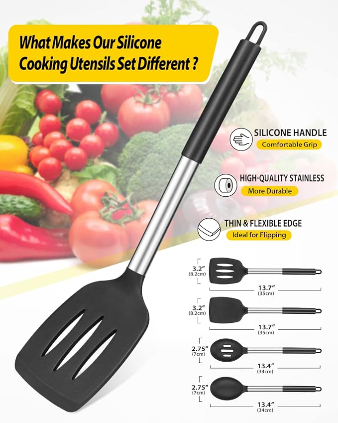 Pack of 4 Silicone Cooking Utensils Set Non Stick Large Solid Spatulas Heat Resistant Black Slotted Spoons Ideal BPA Free Kitchen Turners for Frying MixingServingDrainingTurningStirring