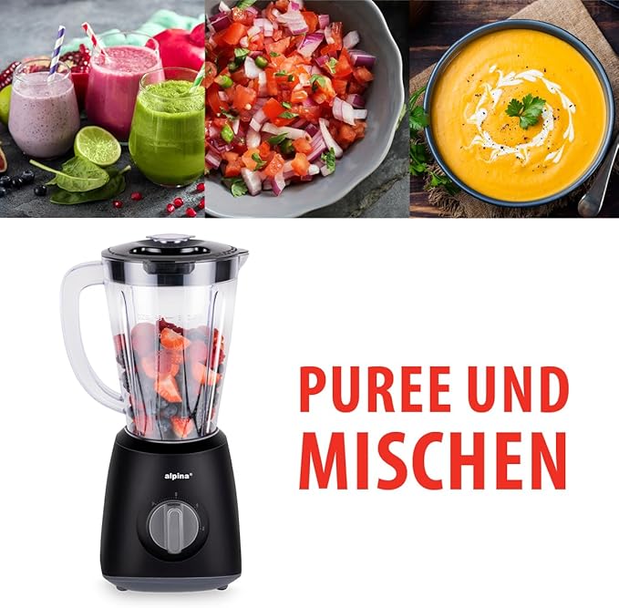 alpina Blender 1.5L Liquidifier 400 W Blender Jug with Turbo Function Plastic Blender Stainless Steel Blades Black