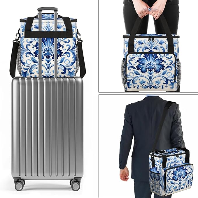 Floral Blue White Coffee Maker Travel Bag for Keurig K-Mini/K-Mini Plus Insulated Waterproof Tote with Pockets for K-Cup Portable Single-Serve Brewer Case