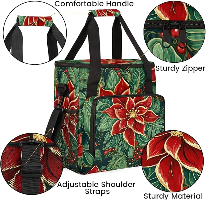 Holly Berry Flowers Coffee Maker Carrying Bag Xmas Flowers Travel Storage Bag Compatible with K-Mini or K-Mini Plus Single Serve Coffee Brewer Carrying Case with Multiple Pockets &amp Shoulder Stra