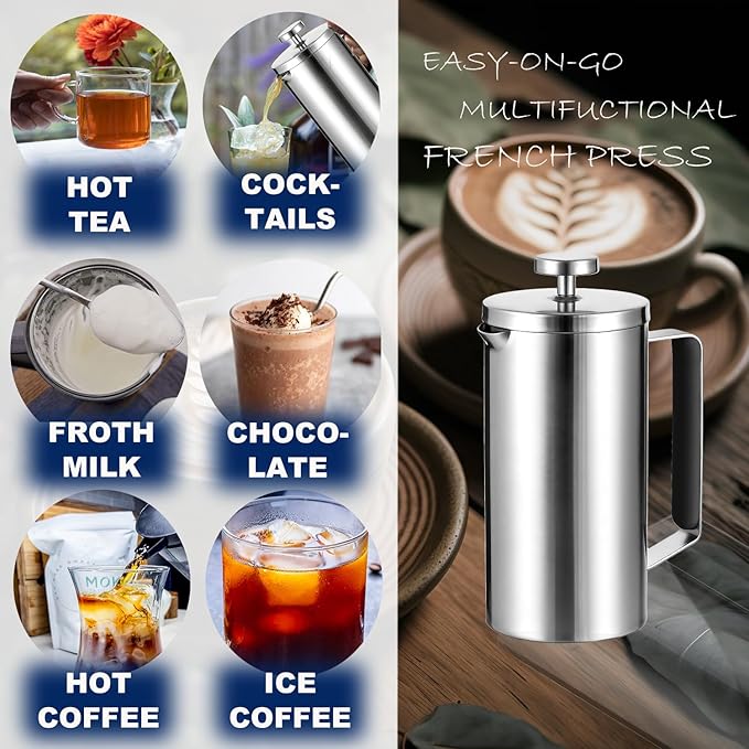 Samll French Press Coffee Maker 21OZ Stainless Steel 600ml Coffee Press with Black Handle for Personal Office TravelCamping (Sanding Silver 1-3 Cups)