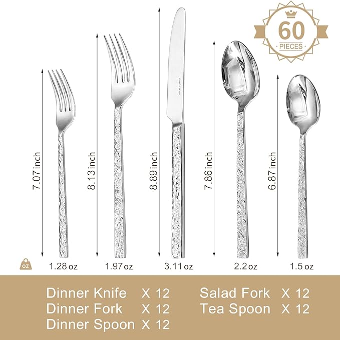 KINGSTONE 60 Pcs Hammered Silverware Set for 12 18/10 Stainless Steel Heavy Duty Flatware Set Tableware Cutlery Utensil Sets for Home Restaurant Dishwasher Safe