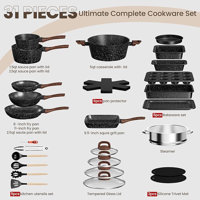 Pots and Pans Set Non Stick 31 Piece Kitchen Induction Cookware &amp Bakeware Set Nonstick Kitchen Cooking Pans Set with Frying Pans Set Grill Pan Saucepan Baking Sheet &amp Utensils PFOA Free