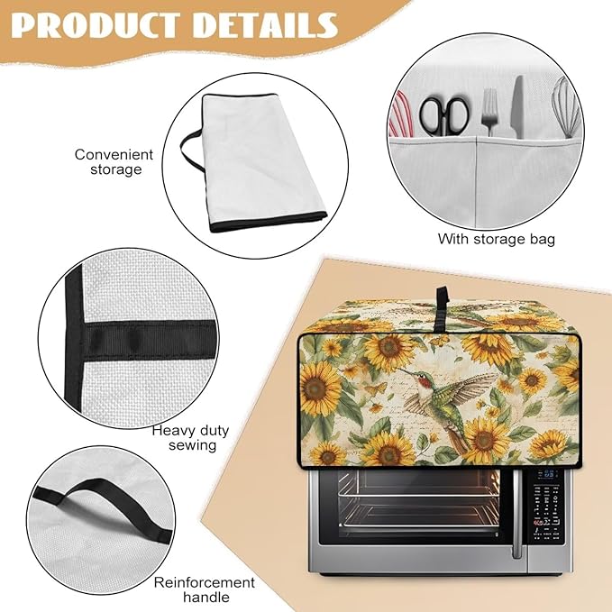 Dustproof Toaster Oven Cover Heat-Resistant Microwave Grill Cover Protector Faux Linen Polyester Dust Covers Case Protections for Toaster Oven Hummingbird Sunflower